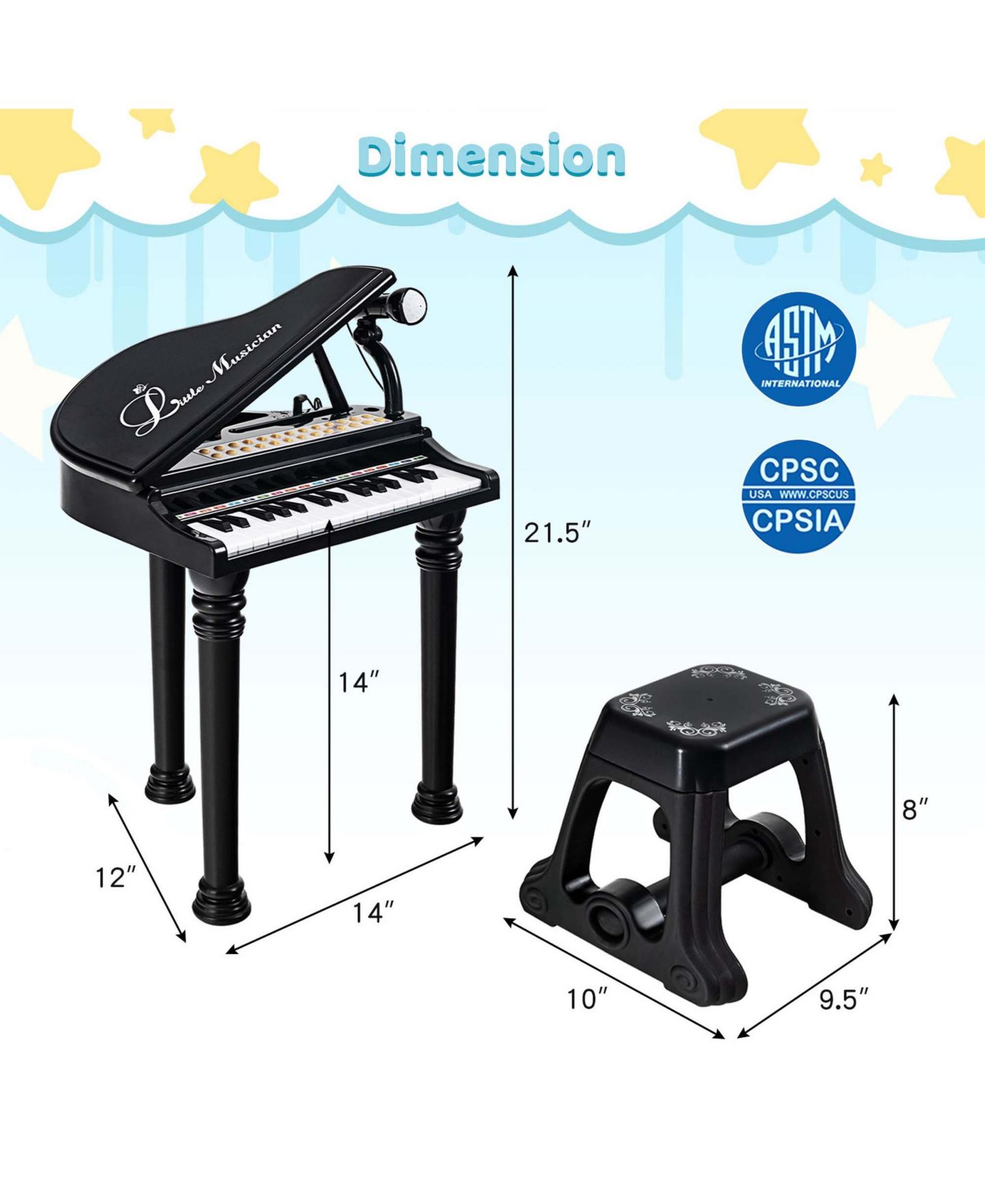 Детские игрушки Costway 31-Key Kids Piano Keyboard LED Teaching 3-Piece Set Musical Toy, Ages 3+, цвет: Чёрный — фото 6