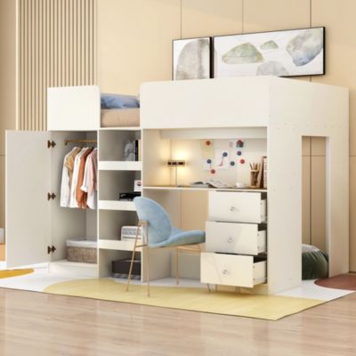  Full-Size Loft Bed with Wardrobe, Desk, Shelves, Drawers