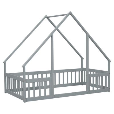 Twin Wood House-Shaped Floor Bed with Fence, Guardrails, Grey