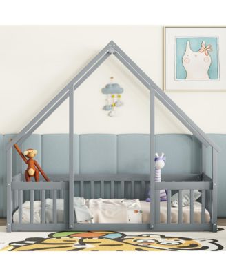 Twin Wood House-Shaped Floor Bed with Fence, Guardrails, Grey