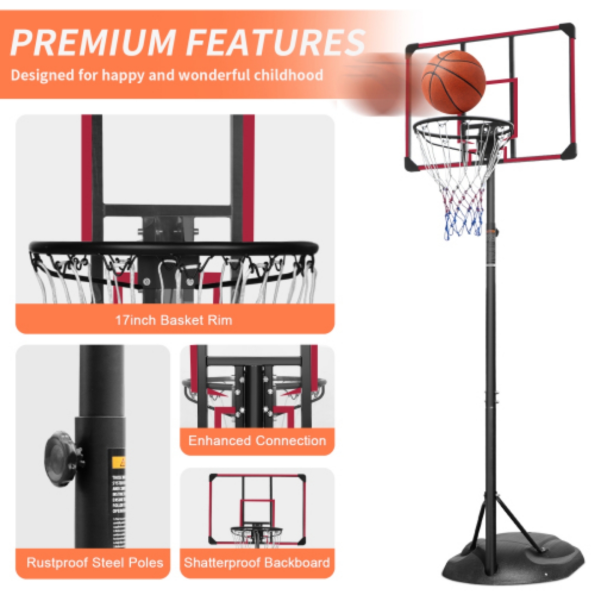 Streamdale Furniture Grow-with-Kids Adjustable Basketball Hoop for Indoor and Outdoor Play - Black+red