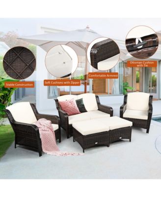 5PCS Patio Rattan Furniture Set Loveseat Sofa Ottoman