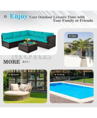 6PCS Patio Rattan Furniture Set Cushioned Sofa Coffee Table Garden