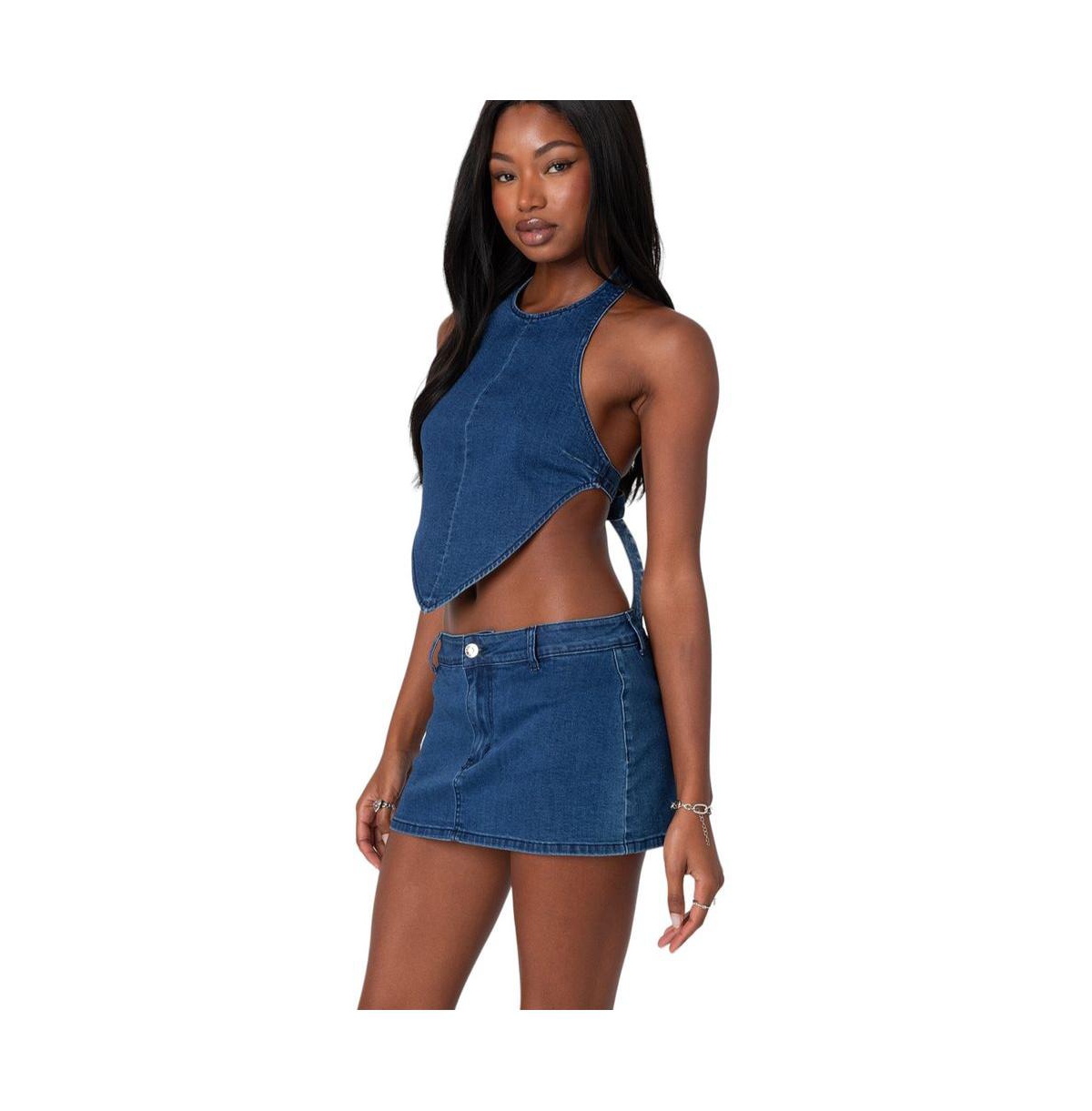 Edikted Women's Sydnie Denim Open Back Top - Dark-blue