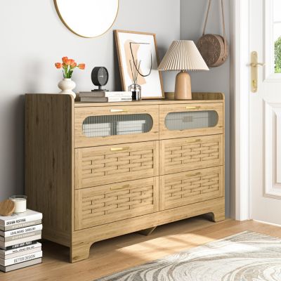 Elegant 6-Drawer Dresser with Woven Wood Cabinet Top and Gold Handles
