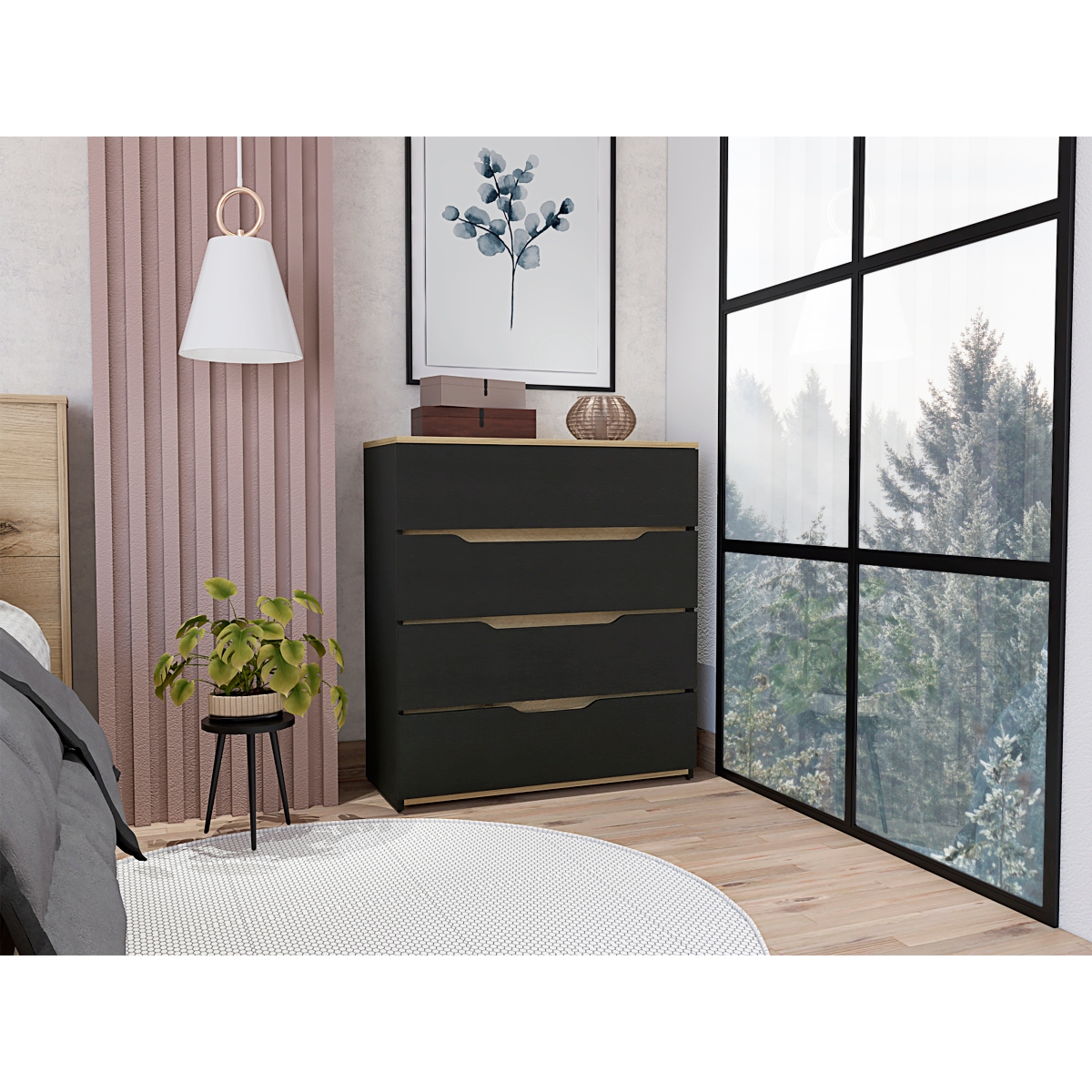 Streamdale Furniture Zoe Dresser, Superior Top, Four Drawers - Black Light Oak