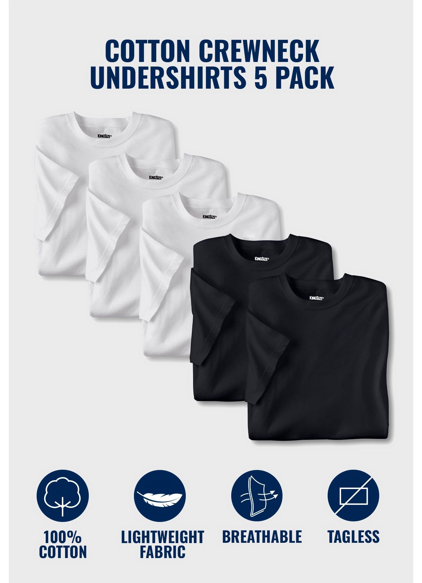 Мужские топы KingSize 5-pack Cotton Crewneck Undershirts, цвет: Белый — фото 2