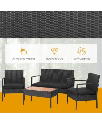 8PCS Patio Rattan Furniture Set Cushioned Chair Wooden Tabletop Black