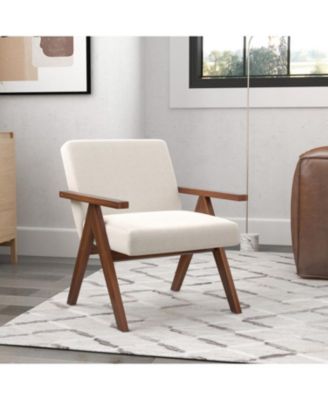 Modern Accent Chair Linen Fabric Armchair with Solid Acacia Wood Frame