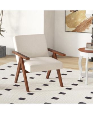 Modern Accent Chair Linen Fabric Armchair with Solid Acacia Wood Frame