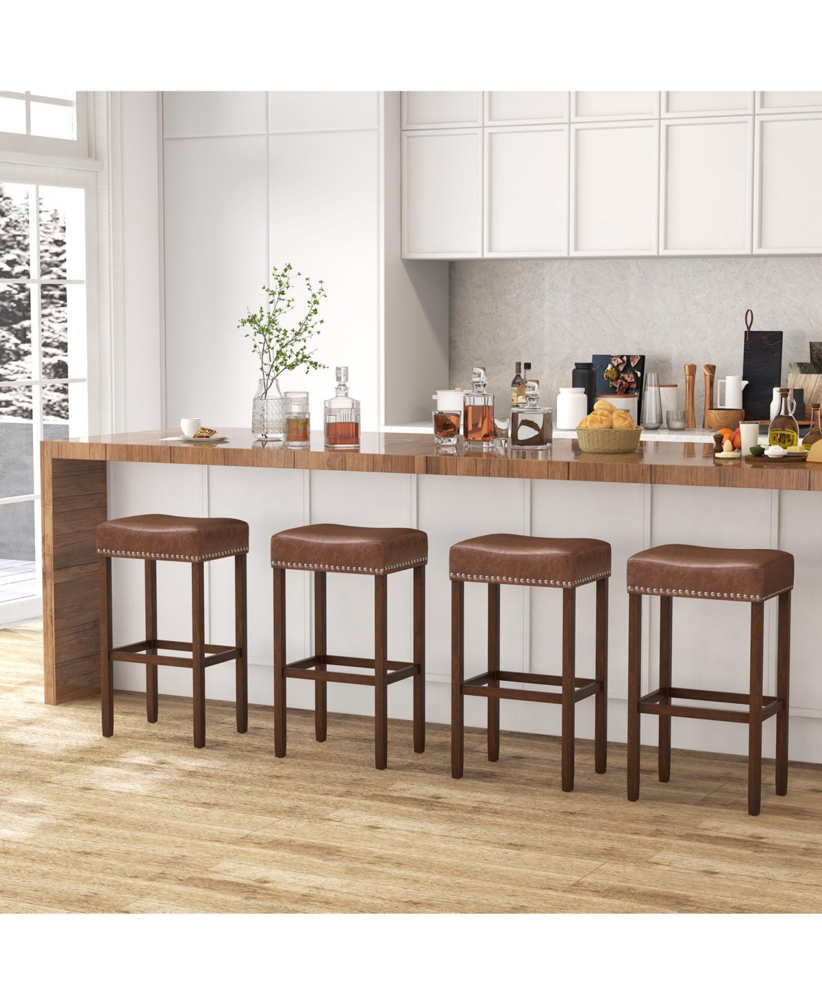 Upholstered Bar Stools Set of 2 with Footrests for Counter
