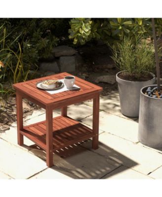 Double-Tier Acacia Wood Patio Side Table with Slatted Tabletop and Shelf