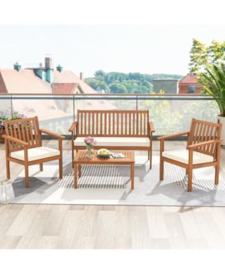 4 Piece Patio Wood Furniture Set Acacia Wood Sofa Set with Loveseat