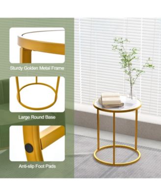 Set of 2 Round Side Tables with Marble Top and Gold Metal Frame for Living Room