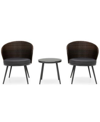 3 Pieces Patio Rattan Bistro Set with 2 Seat Cushions and Tempered Glass Tabletop-Brown