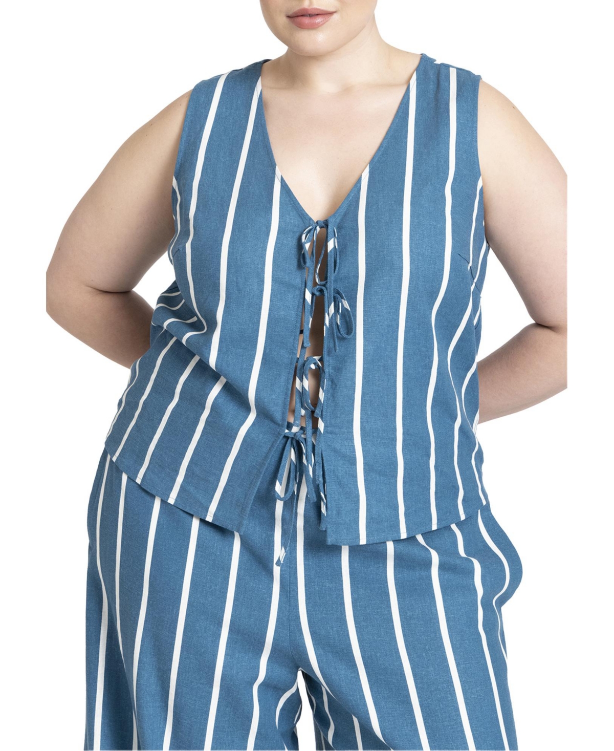 Plus Size Linen-Blend Dainty Tie Vest Top - Blue chambray stripe