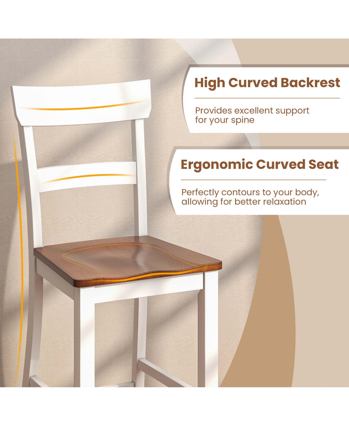 Costway Wooden Bar Stool Set of 4 Bar Chairs with Lvl Rubber Wood Frame, Backrest, Footrest