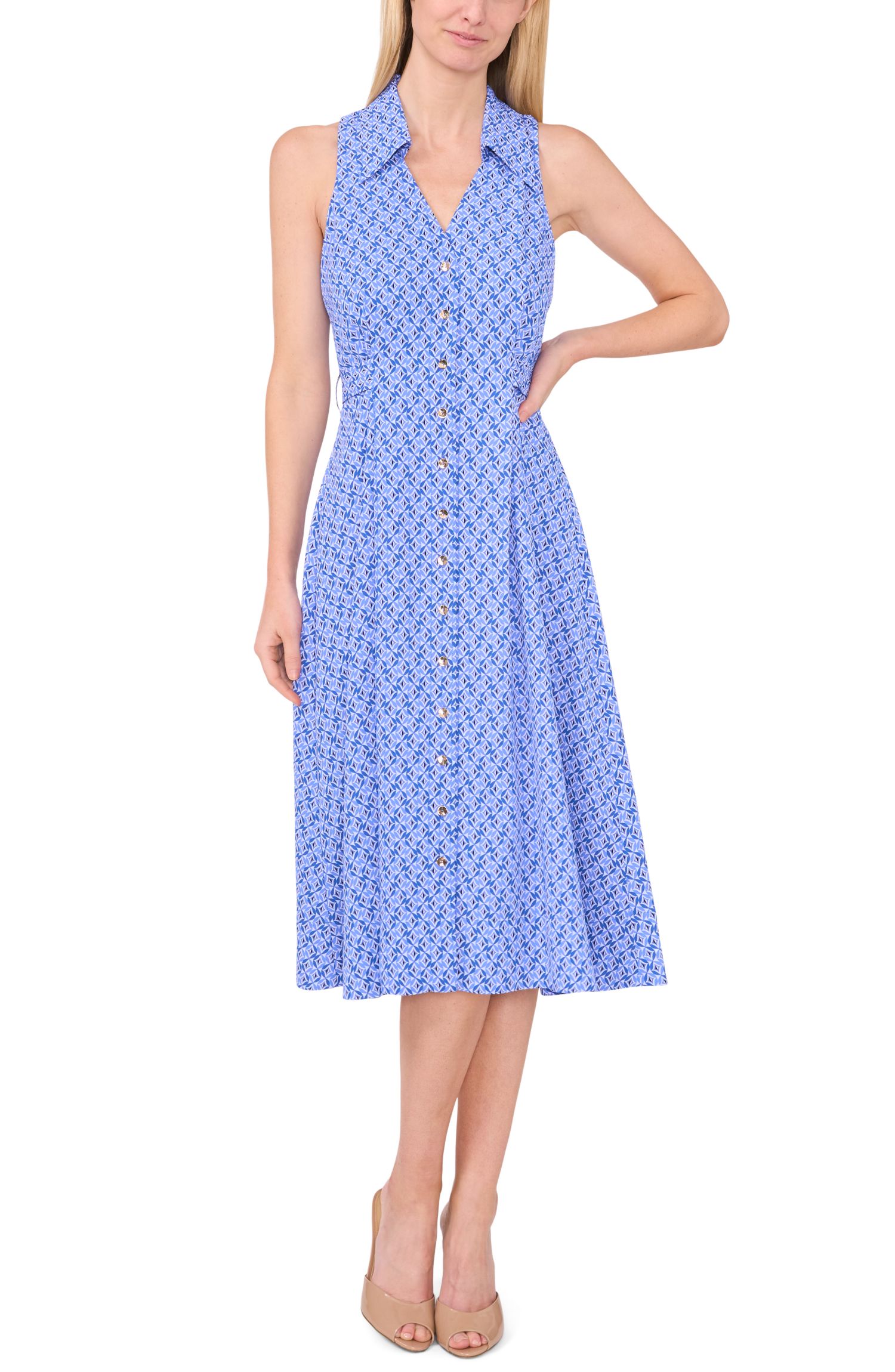 Women's Sleeveless V-Neck Belted Waist Midi Shirt Dress