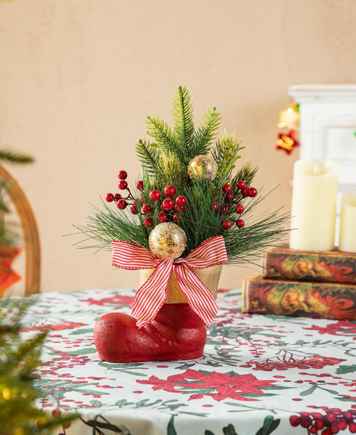 Glitzhome 14 H Christmas Red Boot With Pine Needle Berry Centerpiece In Multi