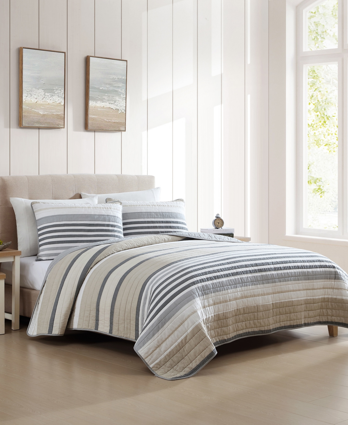 Nautica Dover Stripe Reversible 3 Piece Quilt Set, Full/queen In Beige,grey