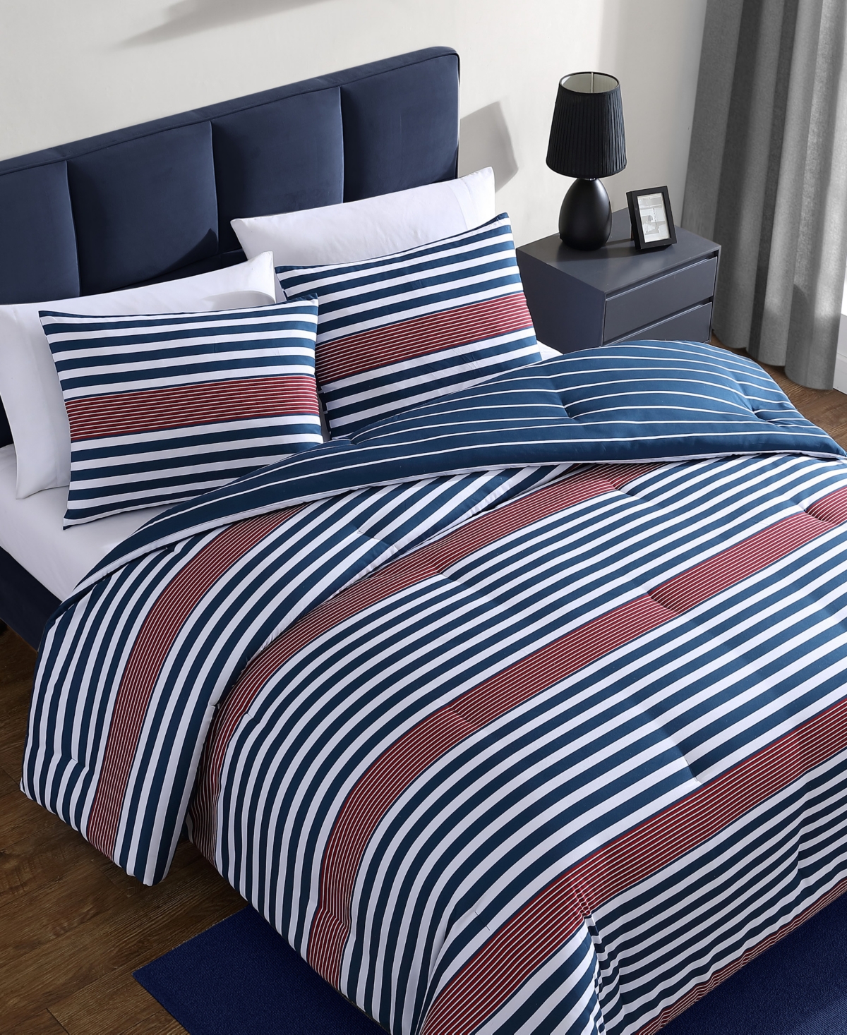 Nautica Kennedy Stripe 3 Piece Comforter Set, King In Blue,white,red