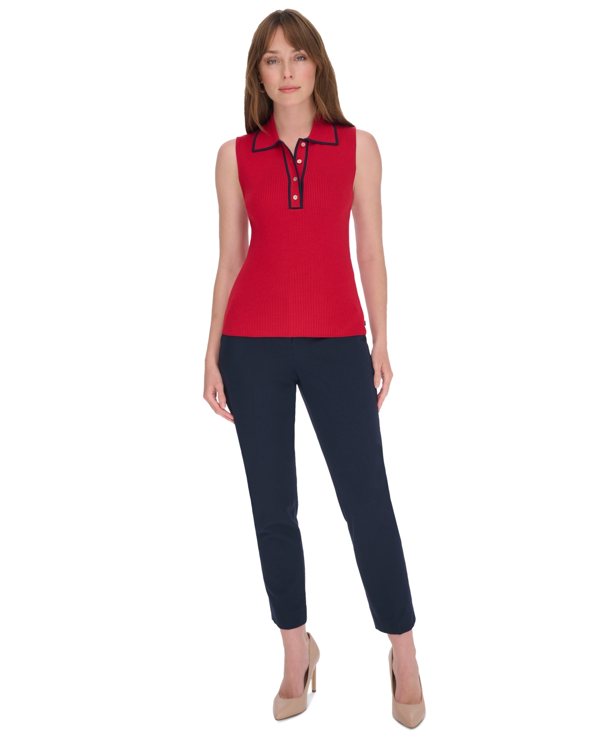 Tommy Hilfiger Women's Rib-Knit Sleeveless Polo Tank Top -midn