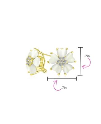 Romantic Cat Eye Stone Button-Style Heart-Shaped Petals Flower Stud Earrings with Omega Clip Yellow Gold Plated