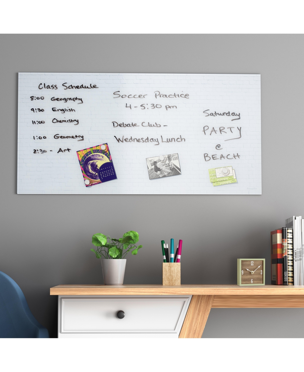 ECR4Kids MessageStor Magnetic Dry-Erase Glass Board with Magnets, x 36in,- White brick