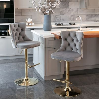 Streamdale Set of 2 Gray Velvet Bar Stools, Adjustable Height