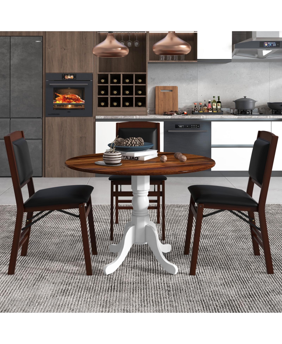 Slickblue Wooden Dining Table with Round Tabletop and Curved Trestle Legs - Walnut and White