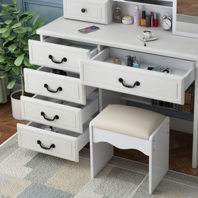 Streamdale Vanity Desk with Mirror, Lights, and 6 Drawers