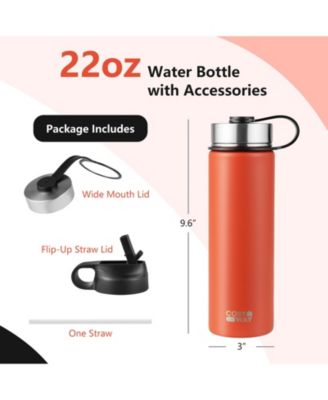 Double-Walled Insulated Stainless Steel Water Bottle with 2 Lids and Straw