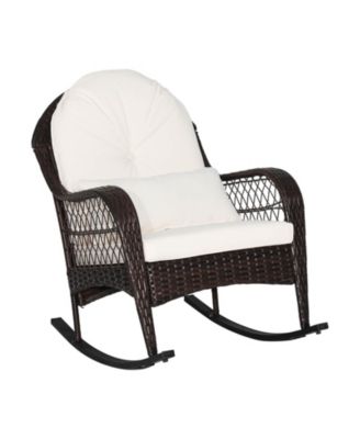 Outdoor Rattan Rocking Chair with Cushioned Seat Backrest and Waist Pillow