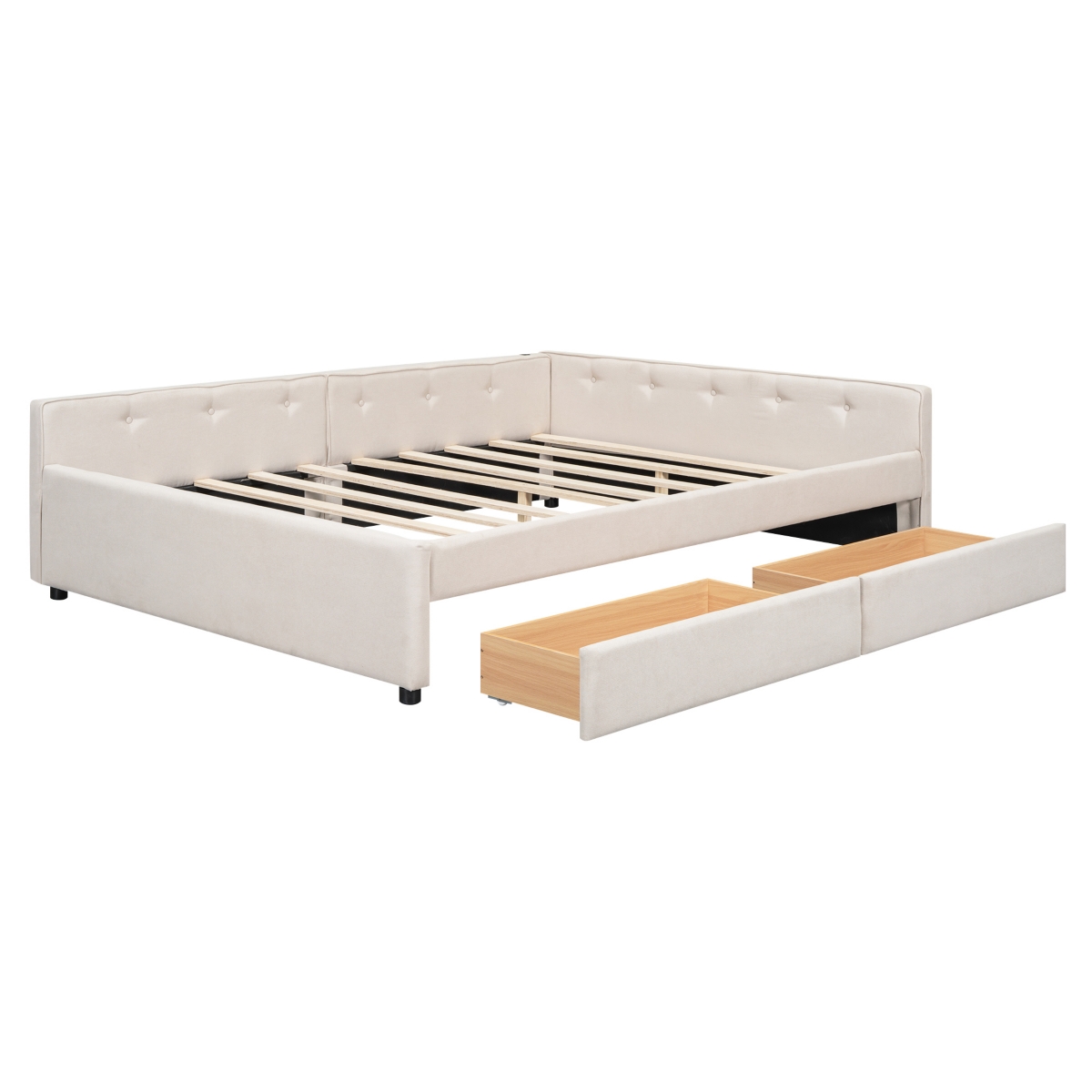Streamdale Furniture Size Upholstered Platform Bed with Usb and 2 Drawers,- Beige