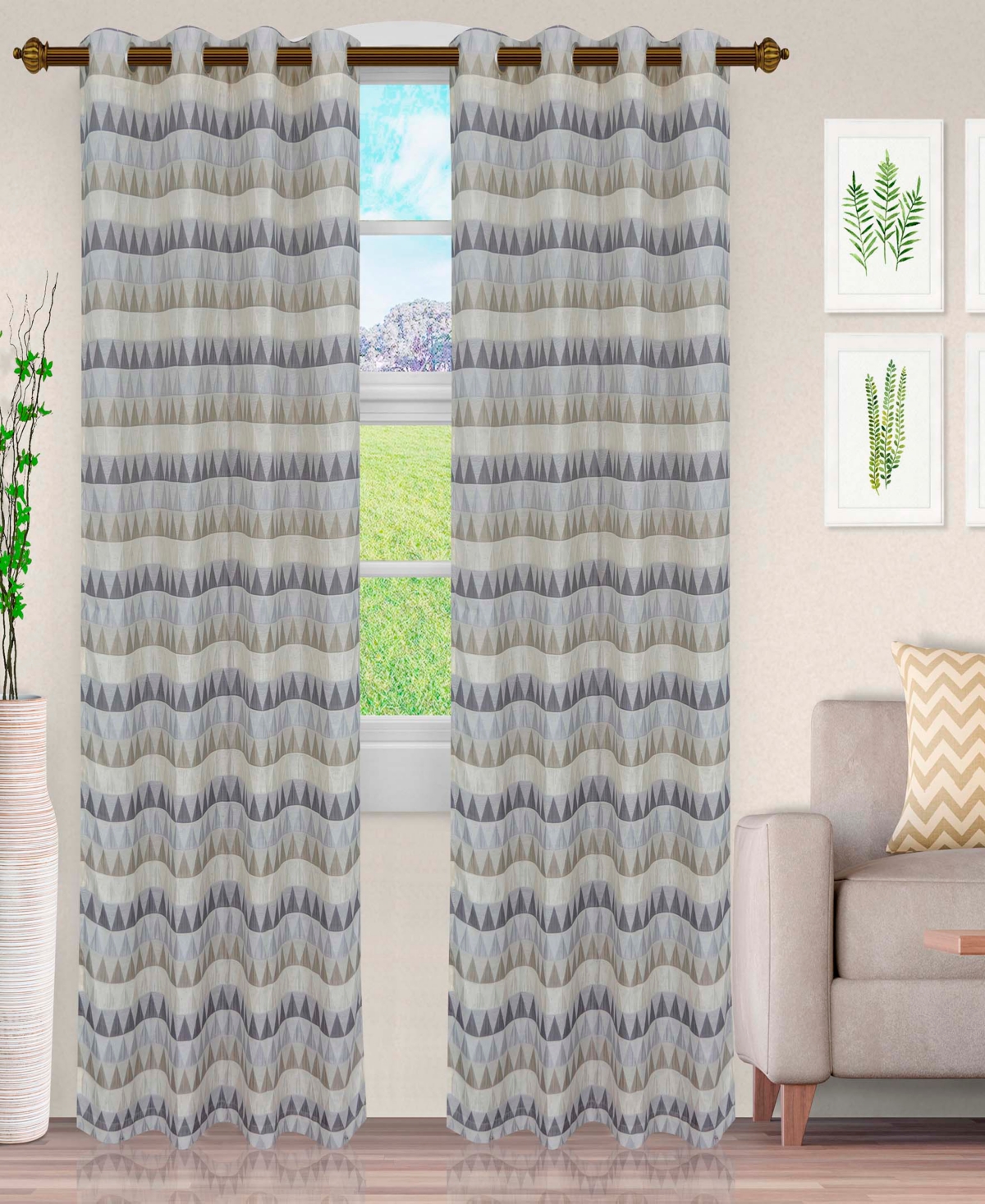 Superior Scalene Geometric Semi-Sheer Window Curtain Panel Set with Grommet Header, 52 X 108