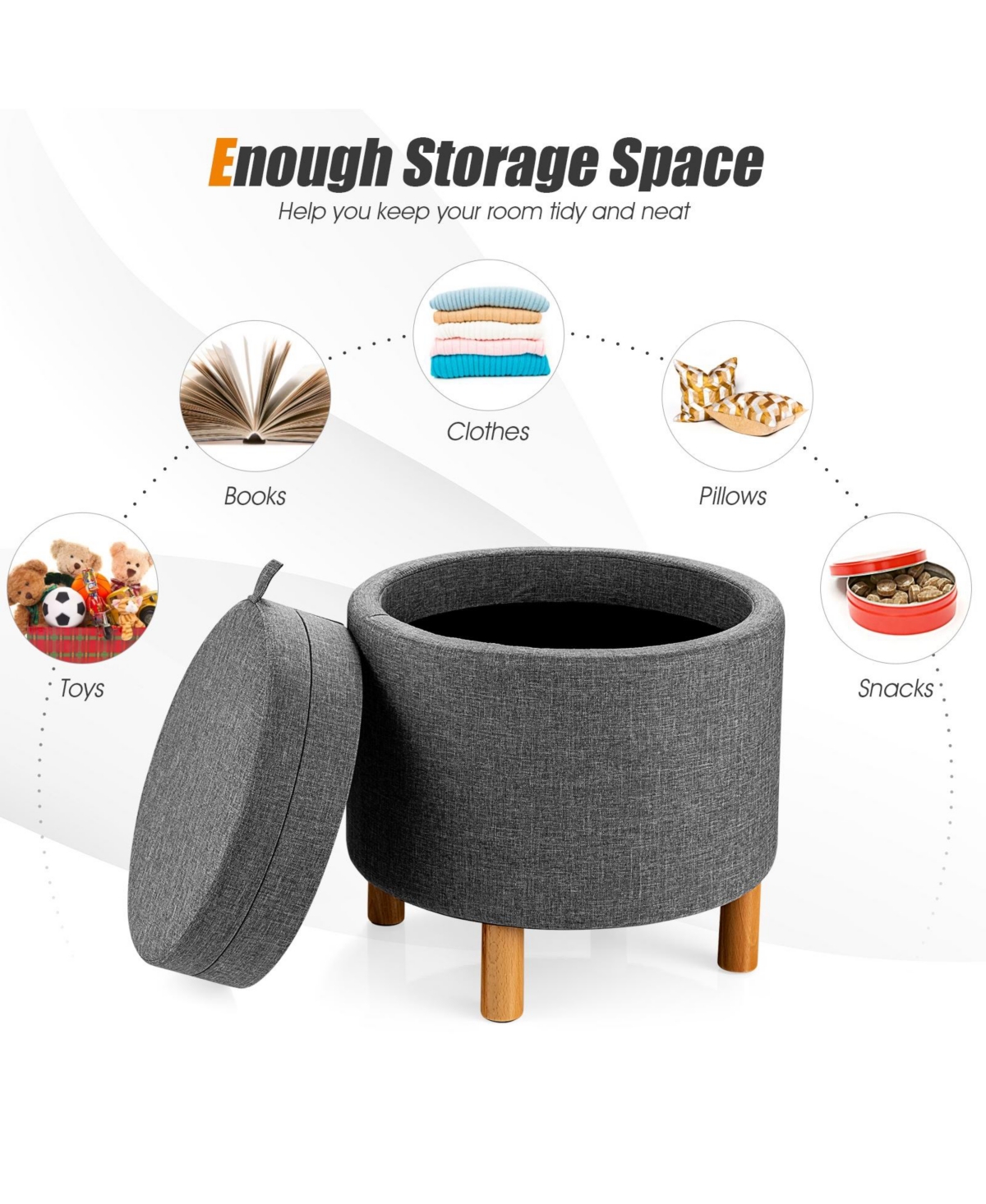 Slickblue Round Fabric Storage Ottoman with Tray and Non-Slip Pads for Bedroom