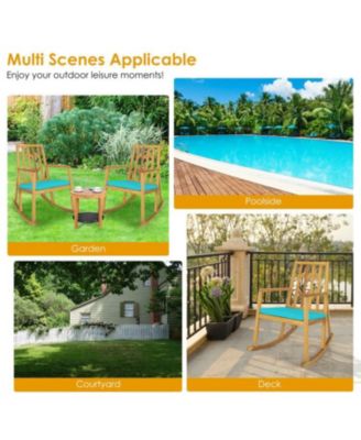 Patio Acacia Wood Rocking Chair Sofa with Armrest and Cushion for Garden and Deck