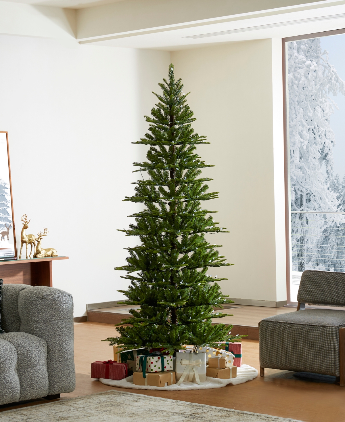 Glitzhome 7.5ft Pre Lit Green Slim Fir Artificial Christmas Tree With 350 Strawberry Lights,9 Functional Warm In Multi