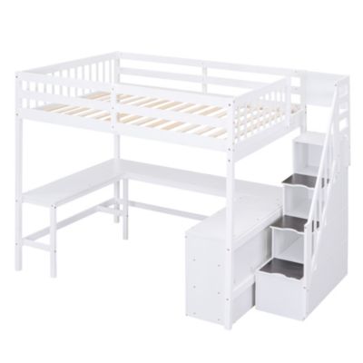 Streamdale Loft Bed with Desk, Shelves, and Staircase, Gray