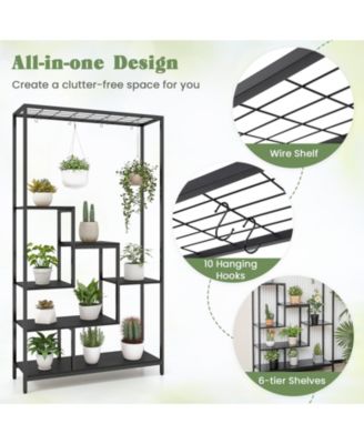 6-Tier Tall Plant Stand 71" Metal Indoor Plant Shelf with 10 Hanging Hooks