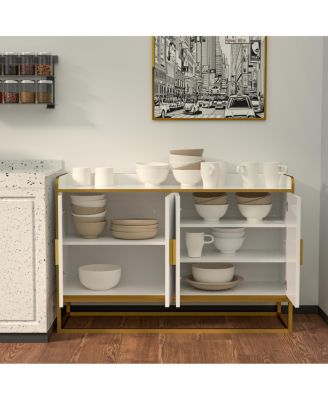 Modern Kitchen Buffet Storage Cabinet Cupboard White Gloss With Metal Legs For Living Room Kitchen