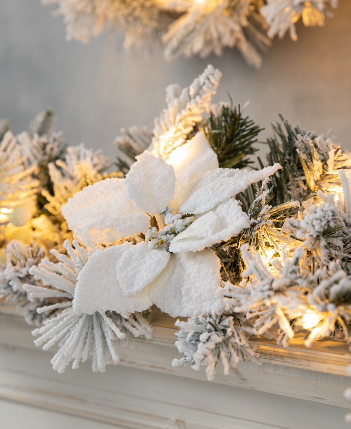 Glitzhome 9' Pre-lit Snow Flocked Greenery Pine Poinsettia Christmas Garland With 50 Warm White Lights Set, 2 In Multi
