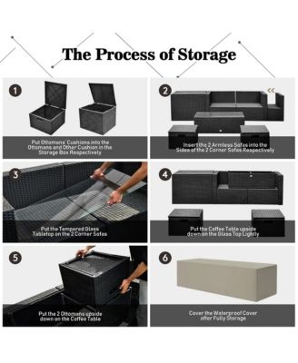 8PCS Patio Rattan Furniture Set Storage Table Ottoman