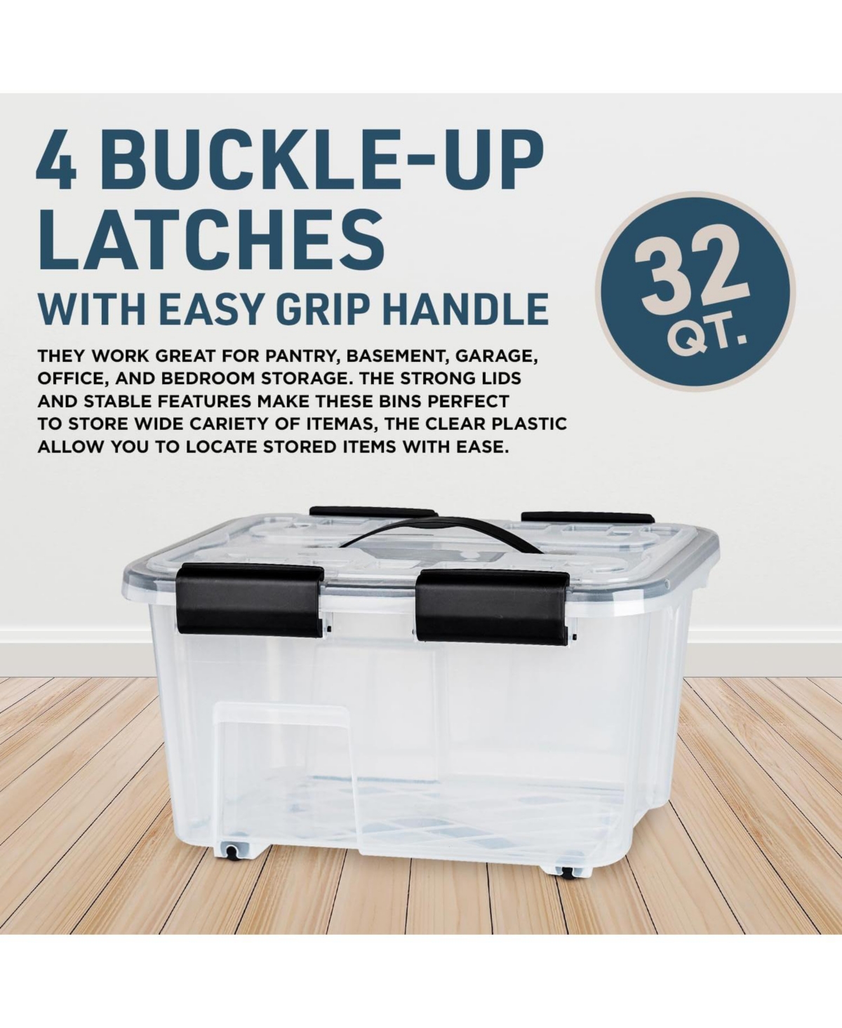 Lifemaster 6-Pack 32QT Stackable Storage Boxes - Clear Plastic with Black Seal, Modular Design, Secure Latches, Easy-Move Wheels & Pull-Out Base for P