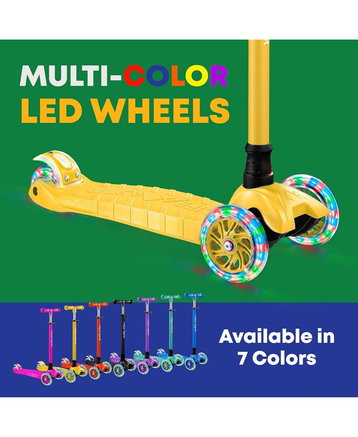 Lifemaster Kids Scooter – Children and Toddler 3 Wheel Kick Scooter – Led Wheel Lights Illuminate when Rolling– Adjustable Handle