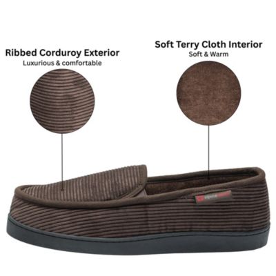 Men's Wide Slippers Steve Moccasin House Shoes Memory Foam Insole Corduroy Slip-On Terry Lining Indoor Outdoor Non-Slip Rubber Outsole