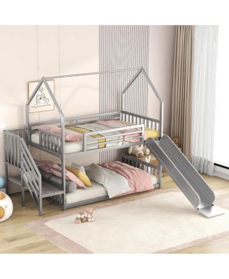 Twin Size Metal Bunk Bed House Bed With Slide And Staircase