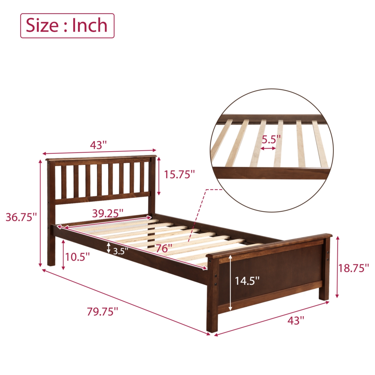 Streamdale Furniture Twin Size Wood Platform Bed With Headboard, Footboard And Wood Slat Support