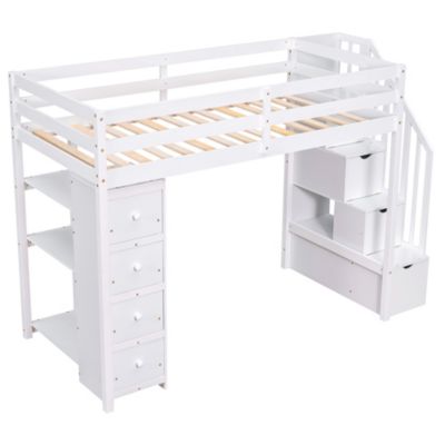 Twin Loft Bed with Drawers & Stairs, Shelves