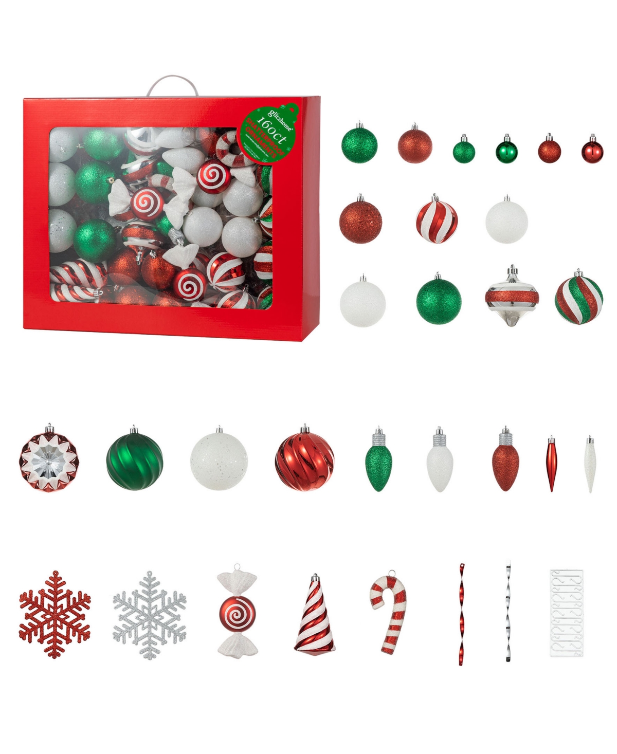 160ct Christmas Whimsical Red Green Deluxe Boxed Shatterproof Ornaments - Multi